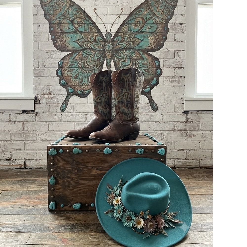 Justin‎ Brown Leather Western Cowboy Boots Teal Embroidery Square Toe 8 festival